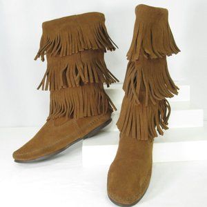 Minnetonka Moccasin Calf High Boots Womens 10 Brown Suede 3 Layer Fringe 1638